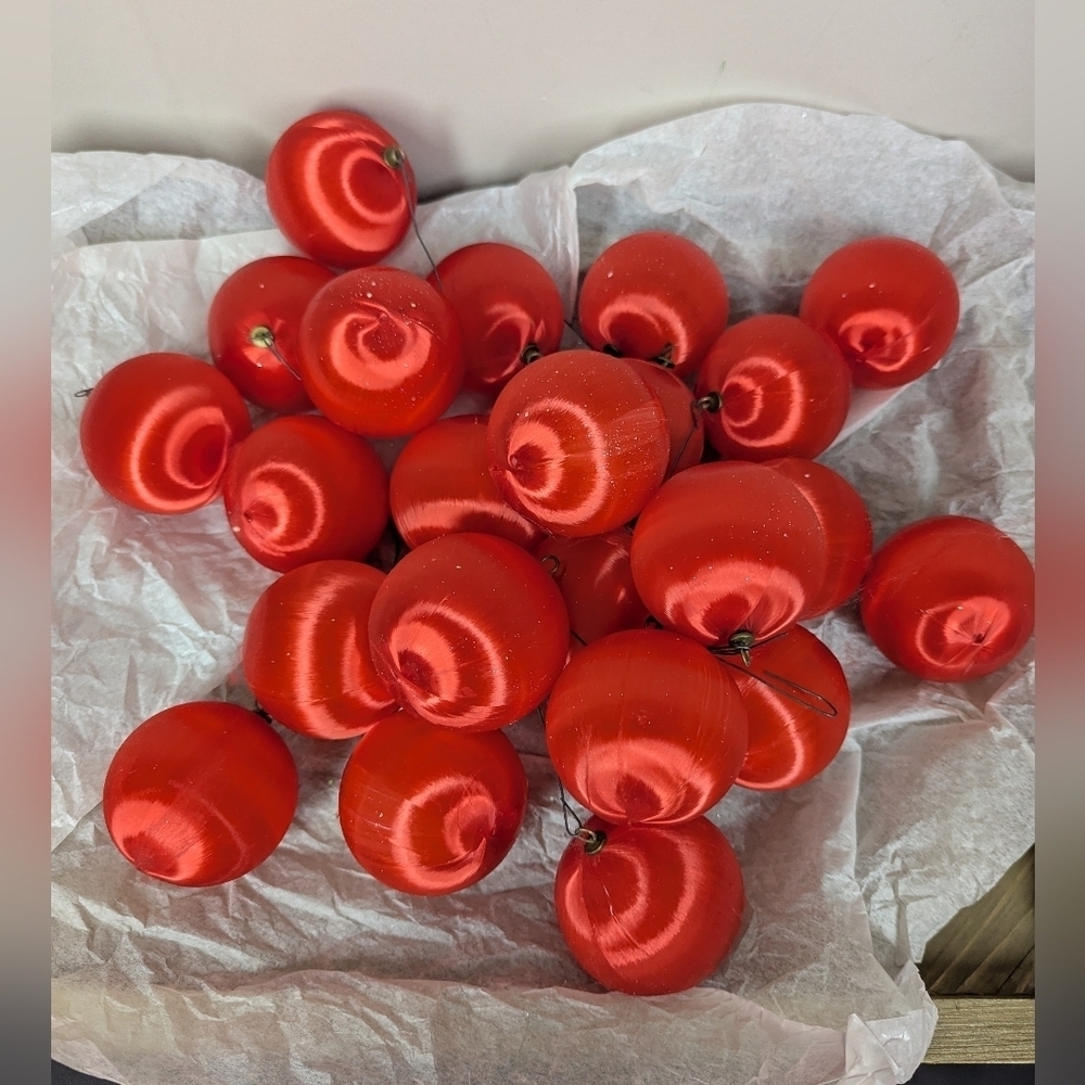 Vintage Satin Christmas Ornaments Red Baubles – Set of 23 – 2" Retro Tree Decor